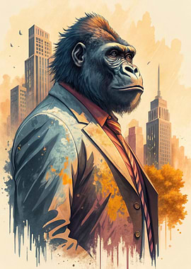 Gorilla in Suit, Cityscape Background