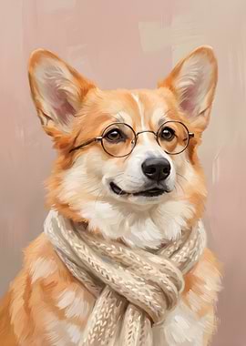 Corgi with Glasses and Scarf Portrait