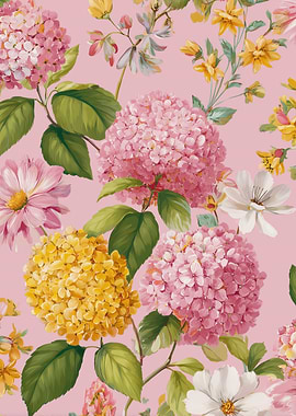 Floral pattern with pink hydrangeas