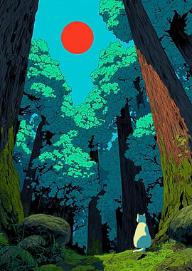 Cat in Forest with Red Sun