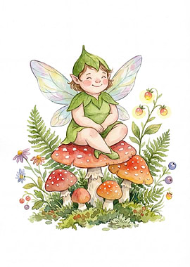 Watercolor Fairy on Mushrooms