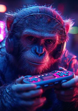 Monkey Gamer with Headset and Controller
