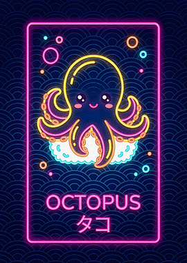 Cute Neon Octopus Illustration
