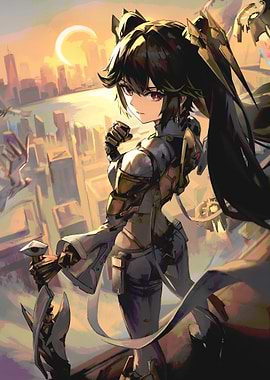 Anime Girl with Sword in Cityscape