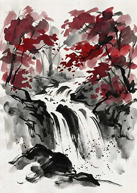 Waterfall and Red Foliage Ink Painting