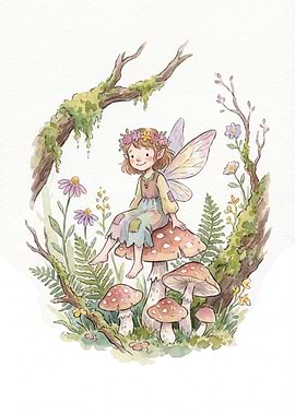 Watercolor Fairy Sitting on Mushrooms