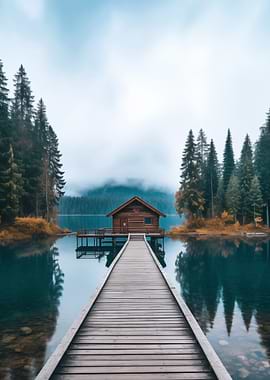 Cabin on Lake with Wooden Pier