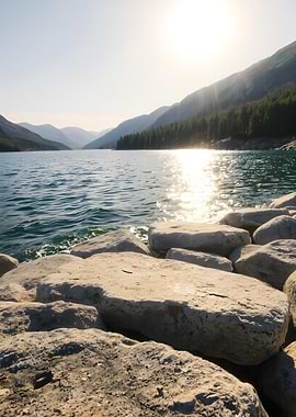Lake and Mountain Landscape with Rocks