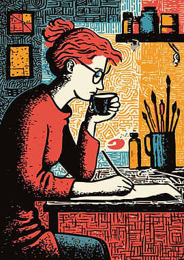 Artist Woman at Work with Coffee