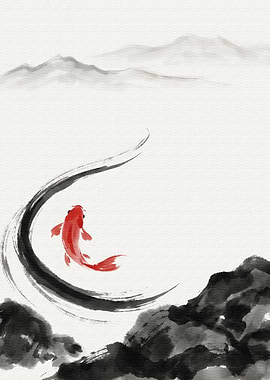 Red Fish in Ink Landscape