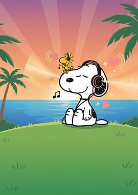 Snoopy and Woodstock Listening to Music