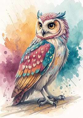Colorful Watercolor Owl Portrait