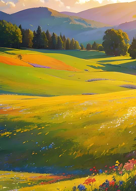 Lush Green and Yellow Landscape Painting