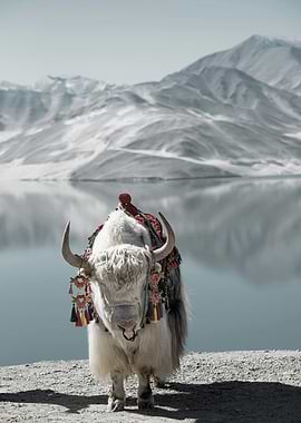 Decorated Yak in Mountainous Landscape