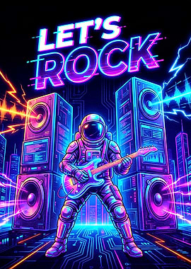 Astronaut Rocking Out in Neon Cityscape