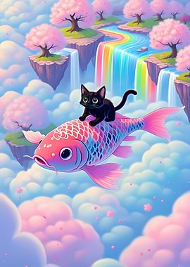 Black Cat Riding a Pink Fish