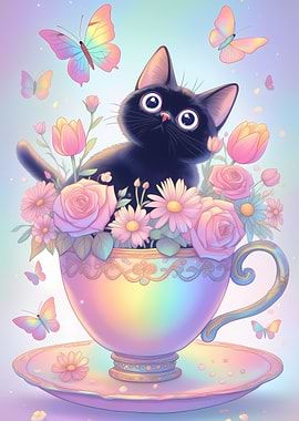 Black Cat in Teacup with Flowers