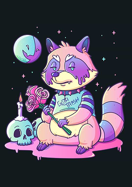 Goth Raccoon with Roses and Skull
