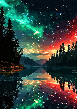 Colorful Night Sky Reflection Landscape