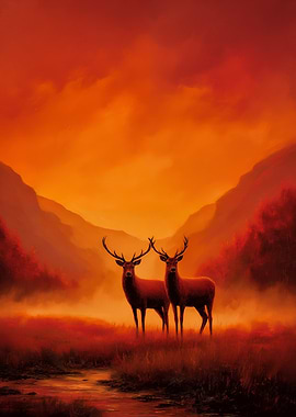 Two Deer in a Fiery Landscape