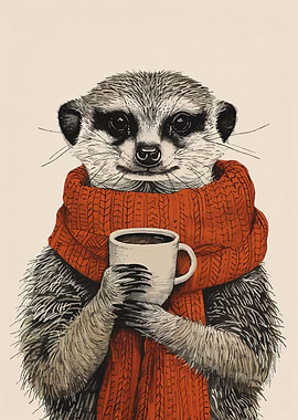Meerkat with Coffee and Scarf