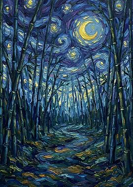Bamboo Forest Under Starry Night Painting