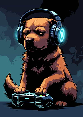 Dog Gamer with Headphones and Controller