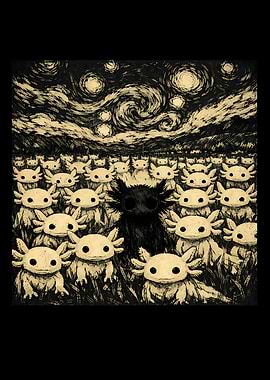 Axolotl Crowd with Dark Figure