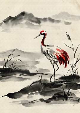 Crane in Ink Wash Landscape