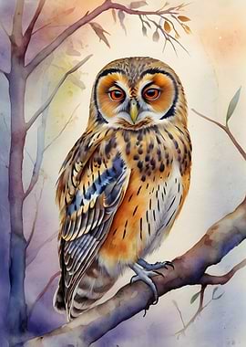 Watercolor Owl Perched on Branch