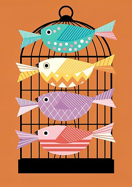 Colorful Birds in Cage Illustration