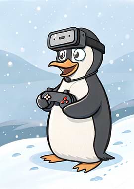 Penguin Gamer with VR Headset Gaming