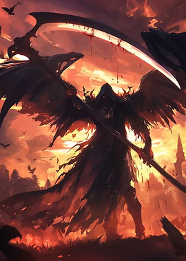Grim Reaper with Scythe in Fiery Landscape