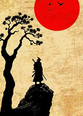 Samurai Silhouette with Red Sun