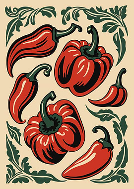 Red Peppers and Leaves Illustration