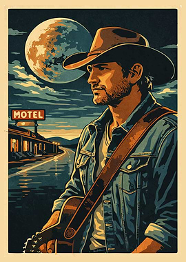 Country Singer at Motel Under Moonlight