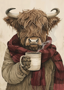 Anthropomorphic Highland Cow with Coffee