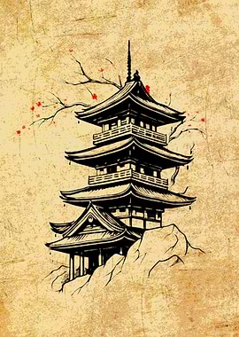 Japanese Pagoda Ink Drawing