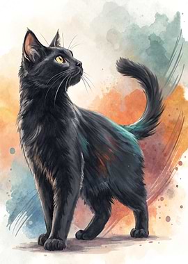Elegant Black Cat Watercolor Portrait