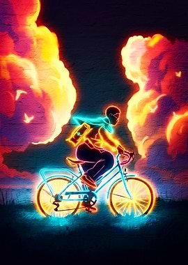Neon Cyclist with Fiery Cloudscape