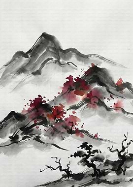 Ink Wash Painting of Mountains