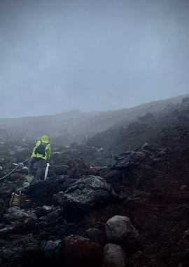 Hiker on foggy Mount Fuji