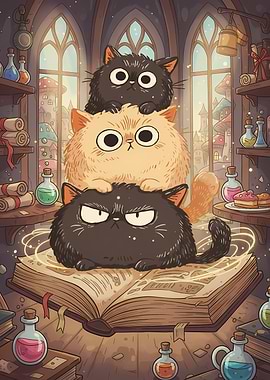 Whimsical Cats Stacked on Spellbook