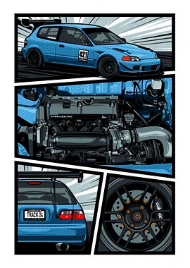 Blue Honda Civic Comic Panel