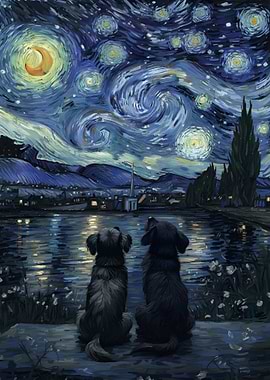 Dogs under Starry Night Painting