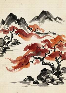 Japanese Ink Painting Landscape with Trees