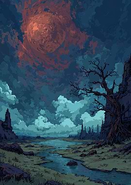Fantasy Landscape with Blood Moon