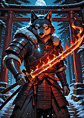 Wolf Samurai with Flaming Sword