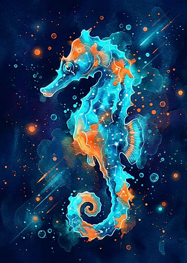 Watercolor Seahorse with Constellation Details