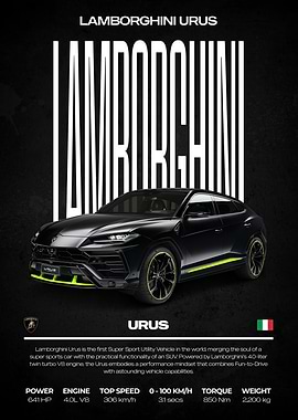 Lamborghini Urus Black and Neon Poster